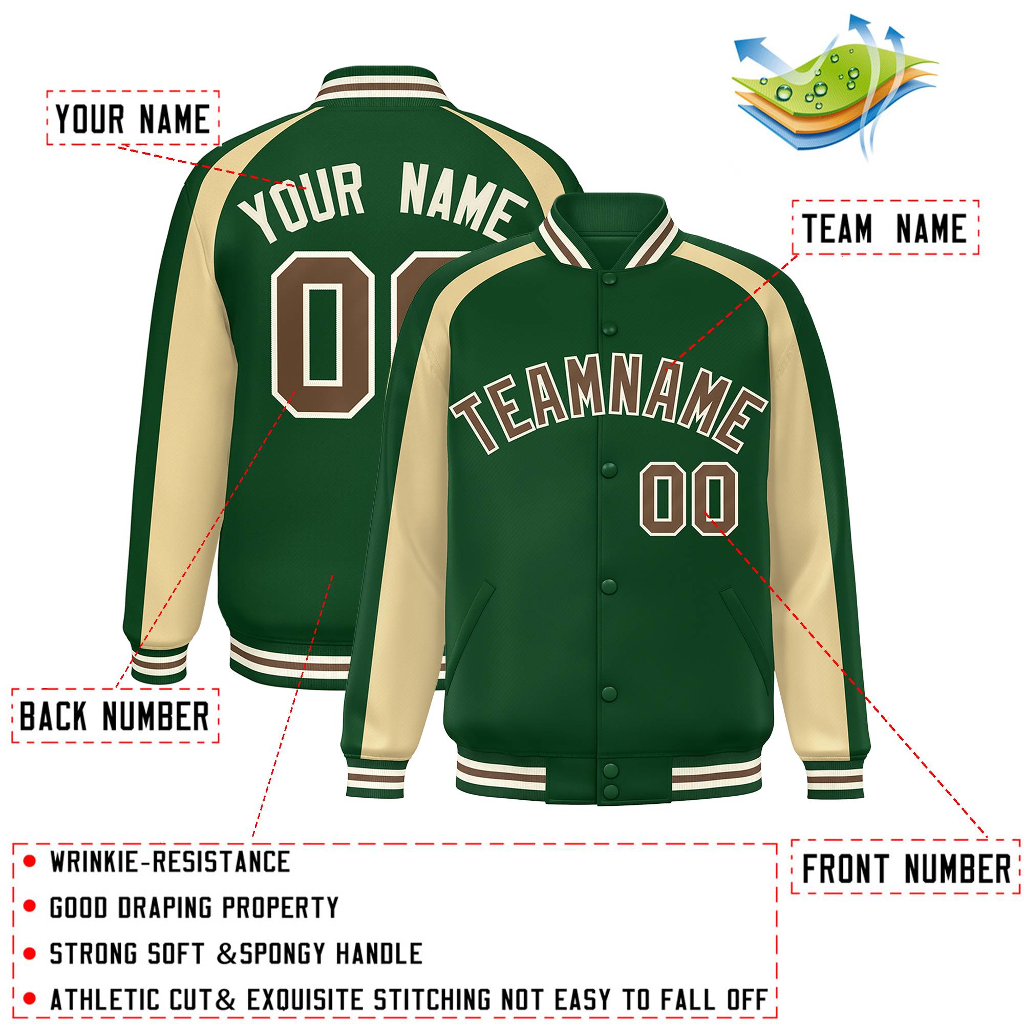 Custom Green Khaki Varsity Full-Snap Color Block Personalized Raglan Sleeves Letterman Jacket