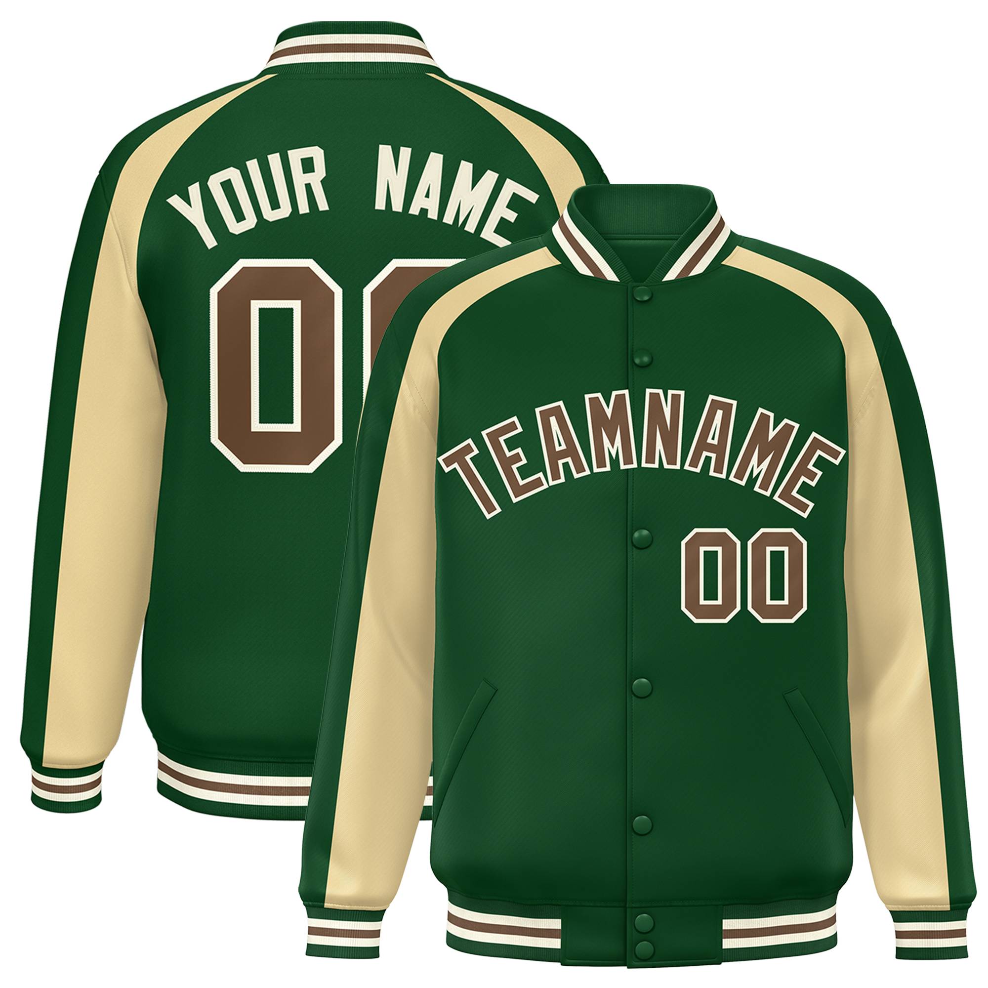 Custom Green Khaki Varsity Full-Snap Color Block Personalized Raglan Sleeves Letterman Jacket