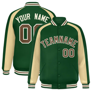 Custom Green Khaki Varsity Full-Snap Color Block Personalized Raglan Sleeves Letterman Jacket