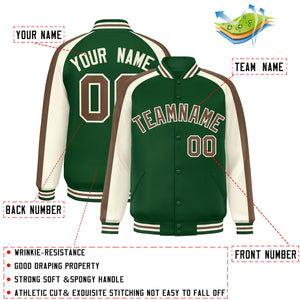 Custom Green Cream Varsity Full-Snap Color Block Personalized Raglan Sleeves Letterman Jacket