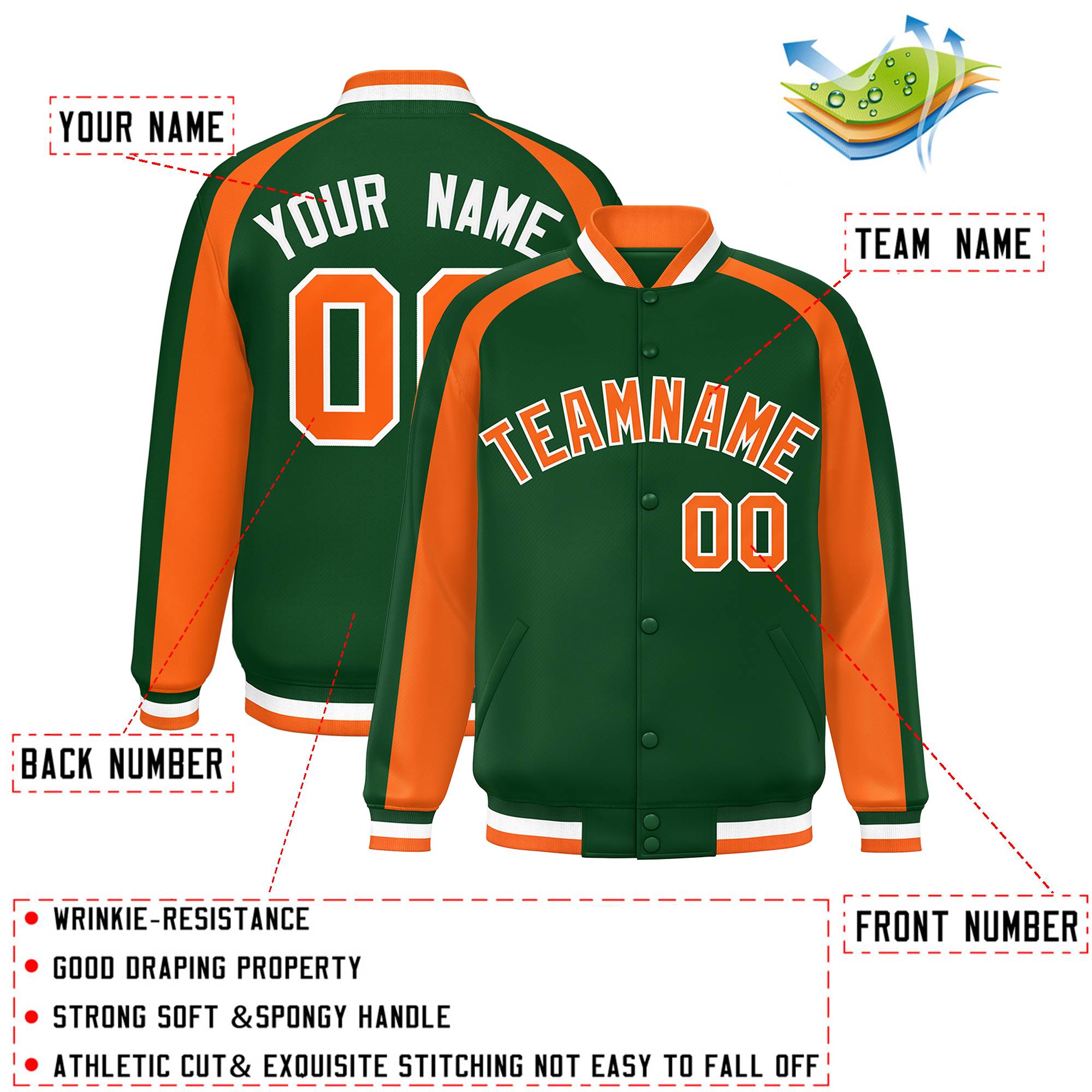 Custom Green Orange Varsity Full-Snap Color Block Personalized Raglan Sleeves Letterman Jacket