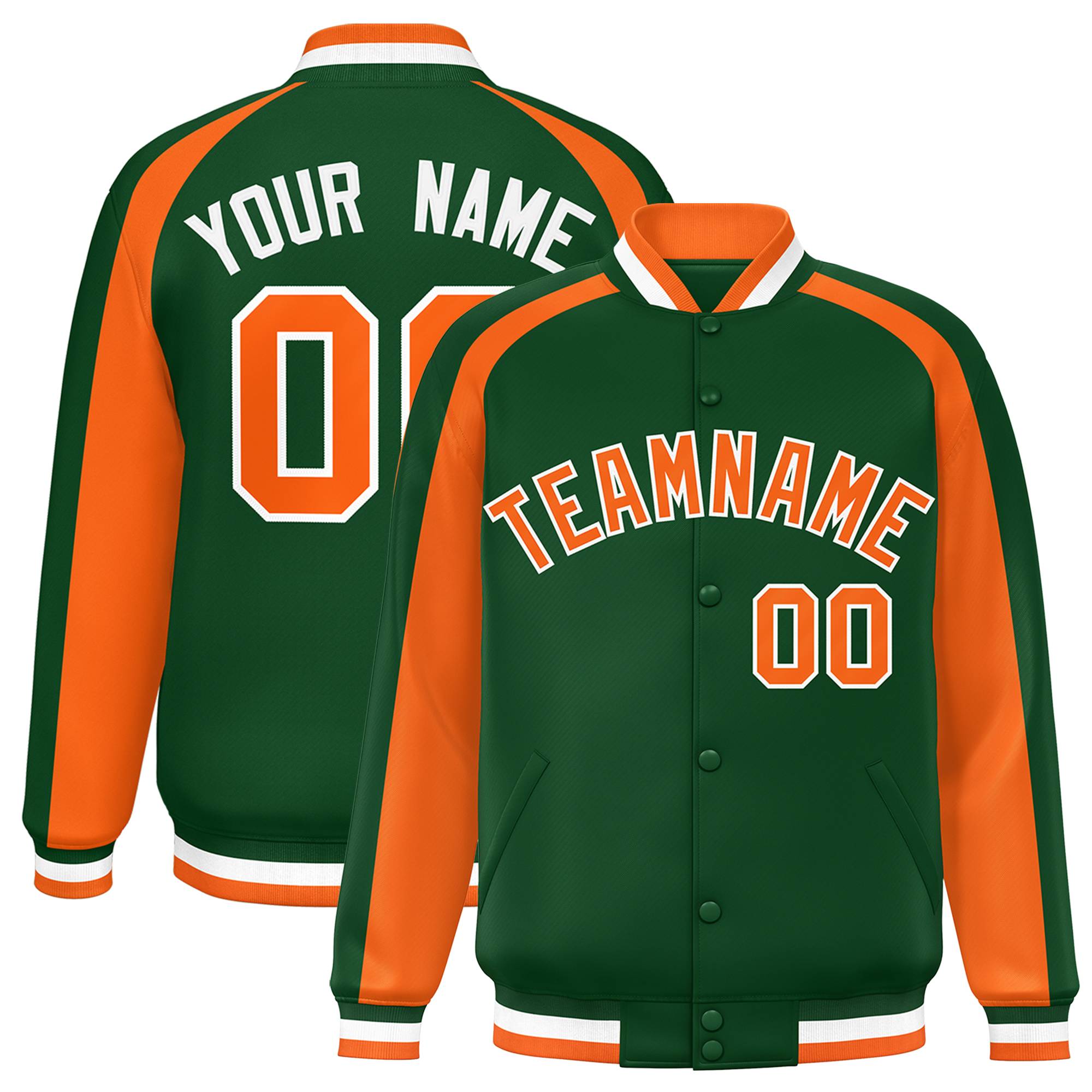 Custom Green Orange Varsity Full-Snap Color Block Personalized Raglan Sleeves Letterman Jacket