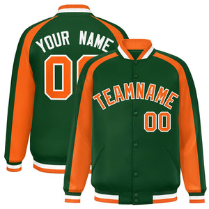 Custom Green Orange Varsity Full-Snap Color Block Personalized Raglan Sleeves Letterman Jacket