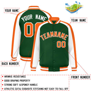 Custom Green White Varsity Full-Snap Color Block Personalized Raglan Sleeves Letterman Jacket