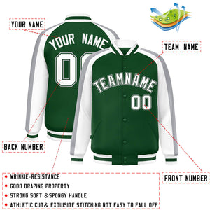 Custom Green White Varsity Full-Snap Color Block Personalized Raglan Sleeves Letterman Jacket