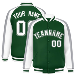 Custom Green White Varsity Full-Snap Color Block Personalized Raglan Sleeves Letterman Jacket