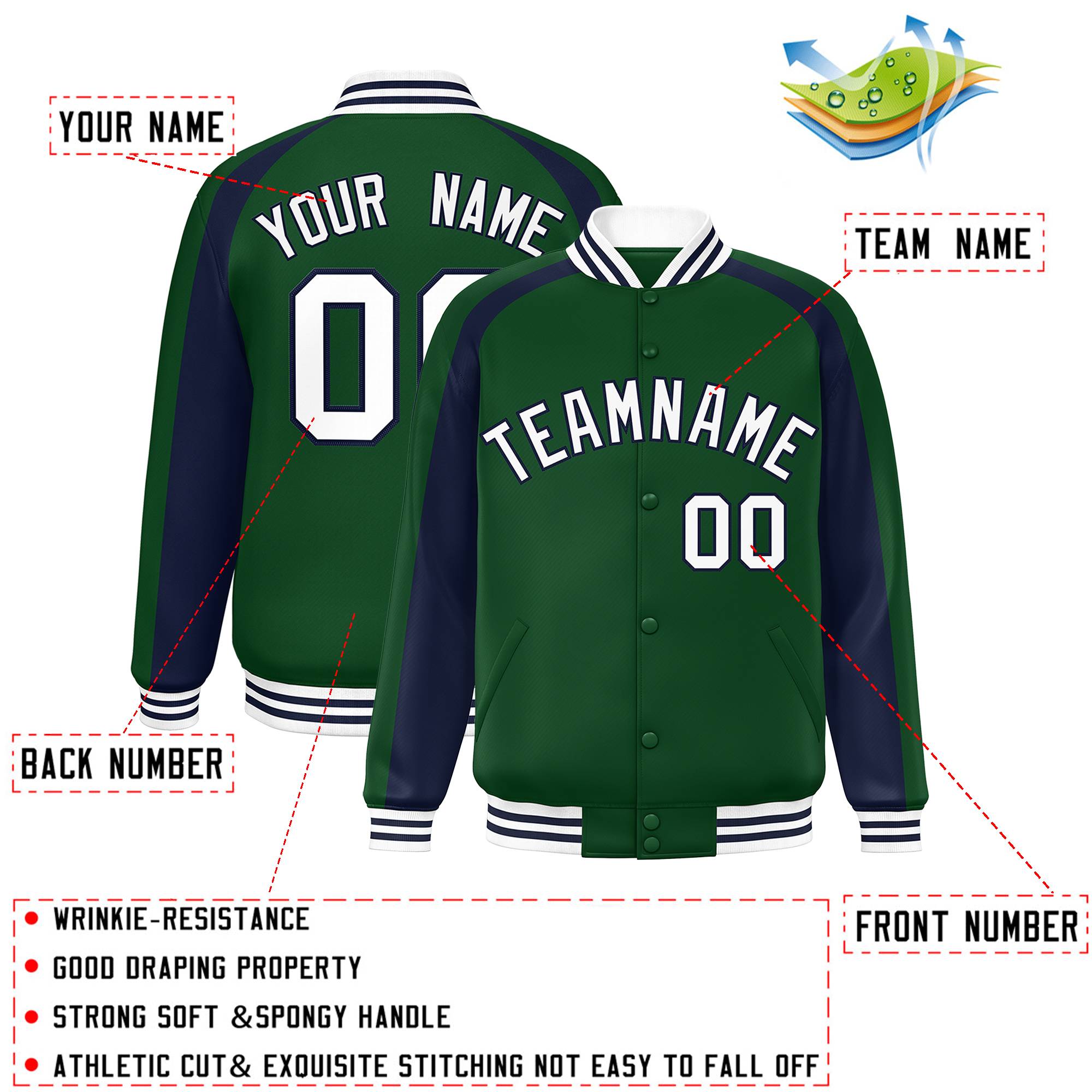 Custom Green Navy Varsity Full-Snap Color Block Personalized Raglan Sleeves Letterman Jacket