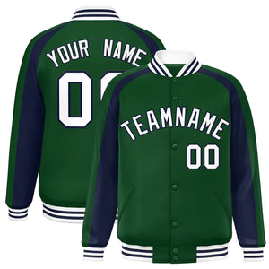 Custom Green Navy Varsity Full-Snap Color Block Personalized Raglan Sleeves Letterman Jacket