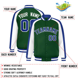 Custom Green White Varsity Full-Snap Color Block Personalized Raglan Sleeves Letterman Jacket