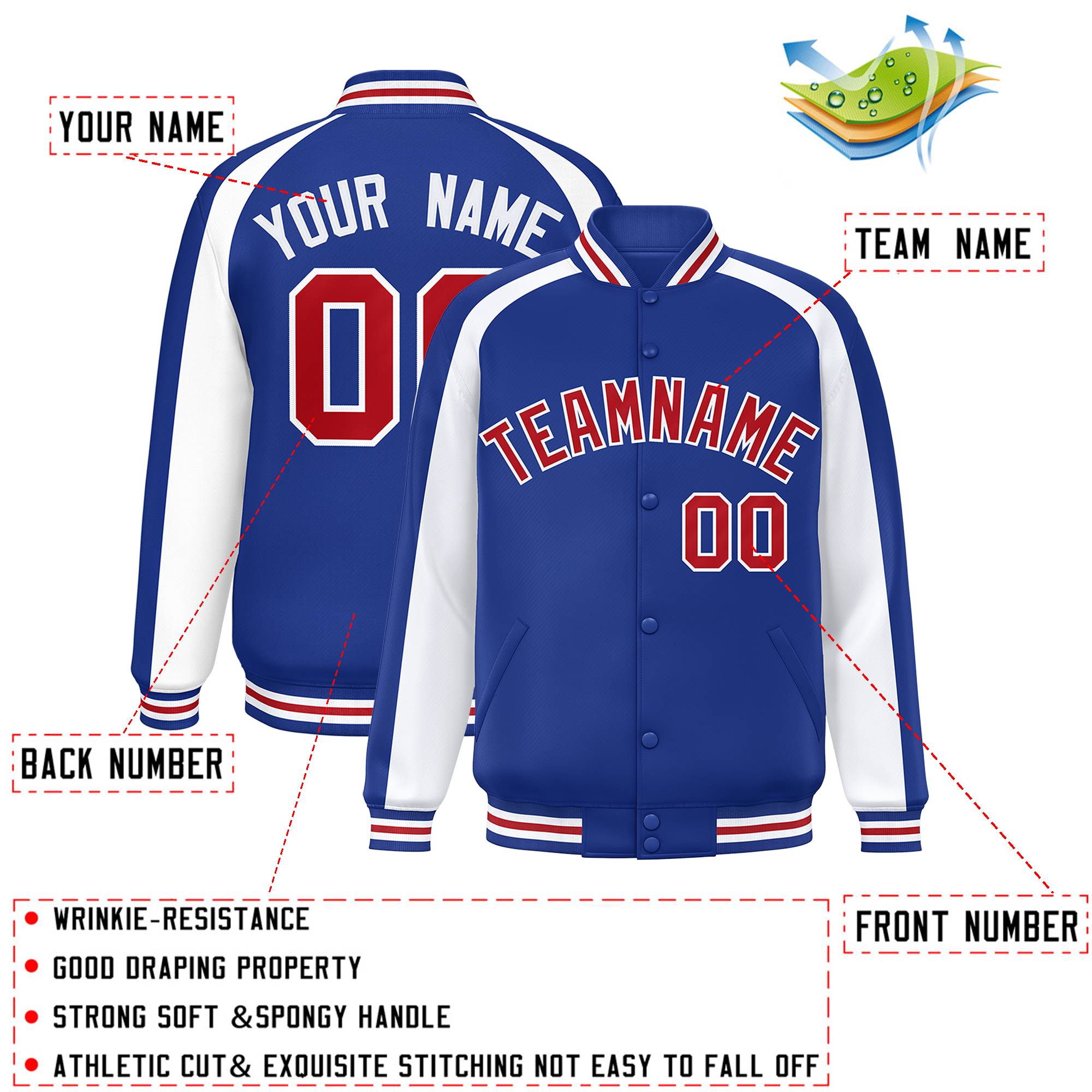 Custom Royal White Varsity Full-Snap Color Block Personalized Raglan Sleeves Letterman Jacket