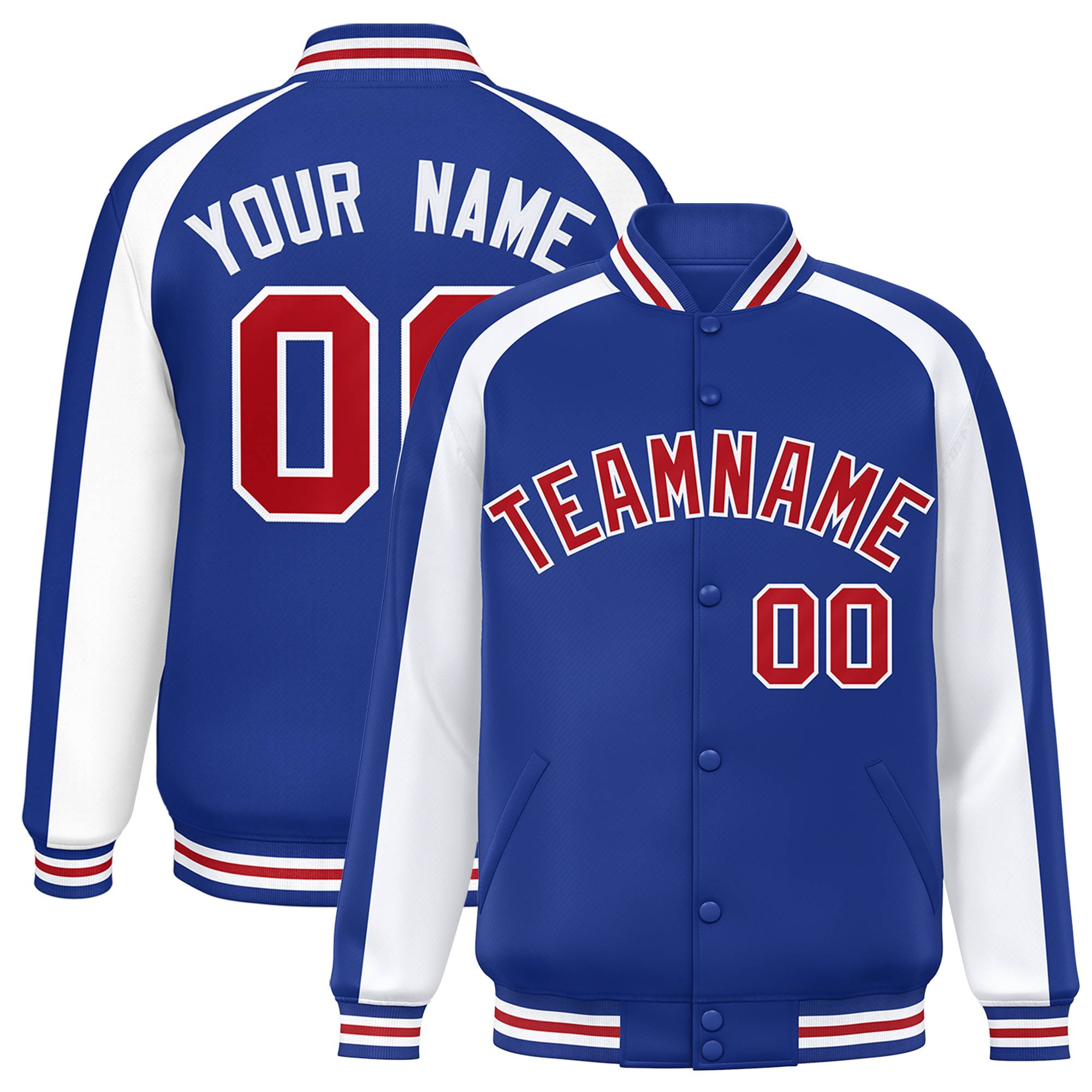 Custom Royal White Varsity Full-Snap Color Block Personalized Raglan Sleeves Letterman Jacket