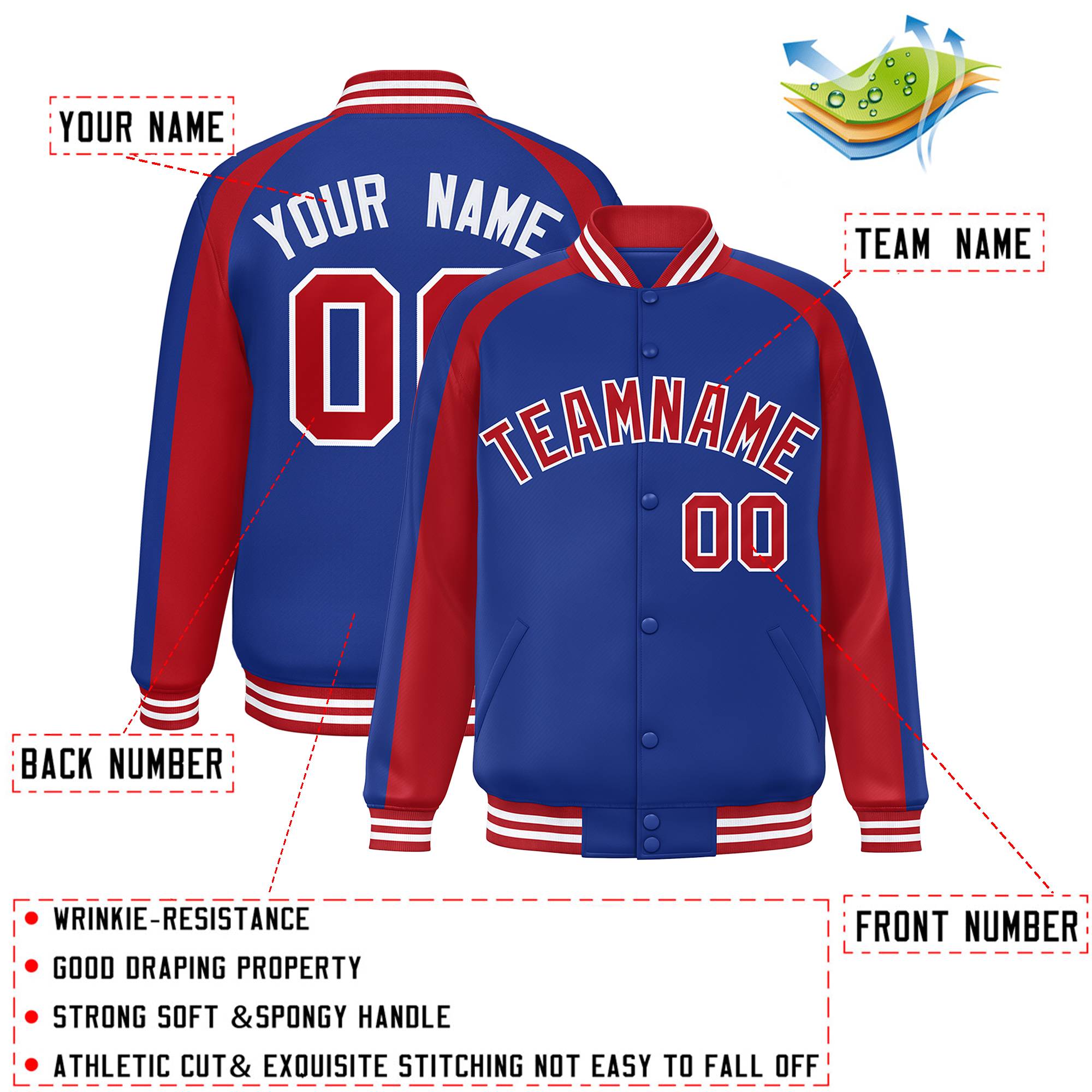 Custom Royal Red Varsity Full-Snap Color Block Personalized Raglan Sleeves Letterman Jacket