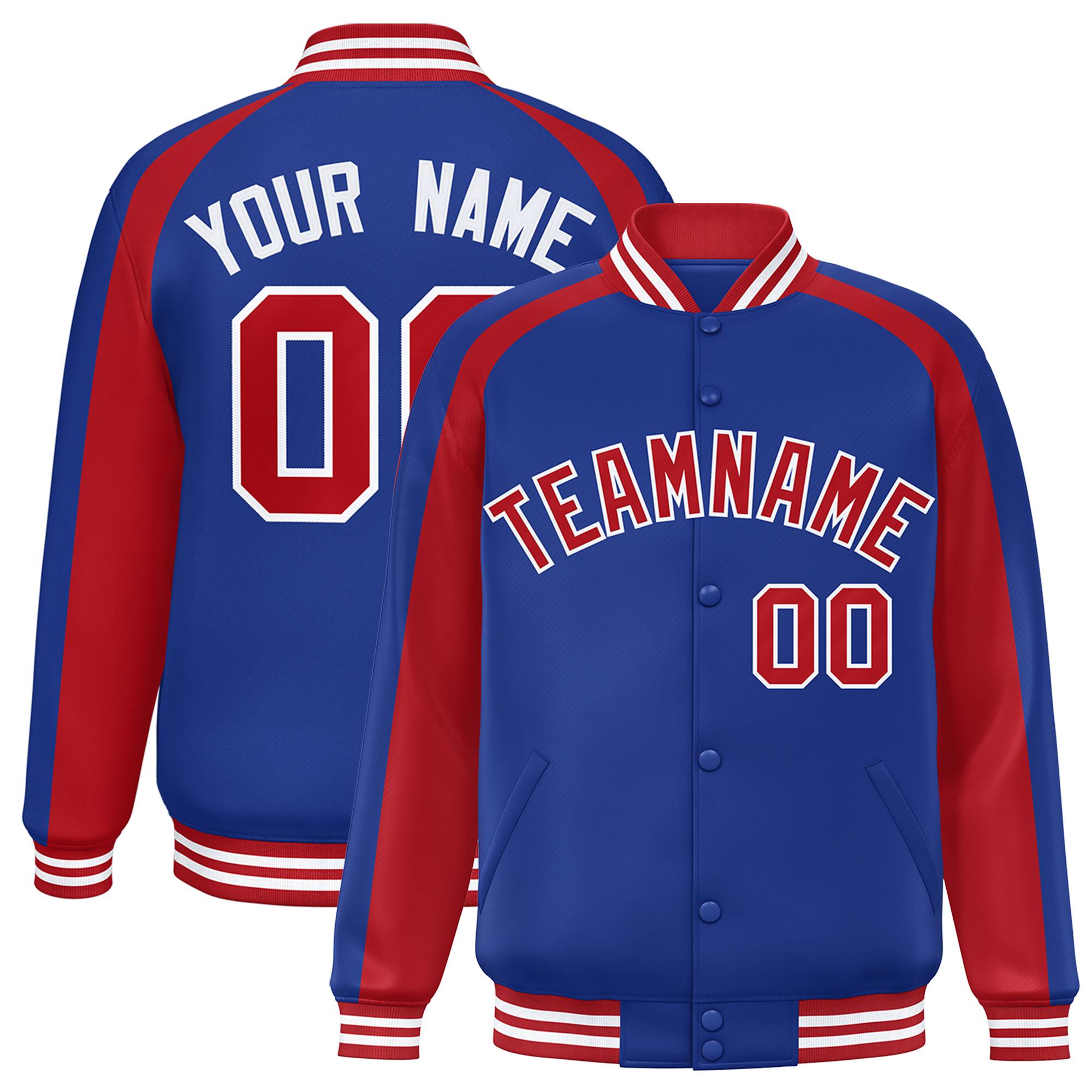 Custom Royal Red Varsity Full-Snap Color Block Personalized Raglan Sleeves Letterman Jacket