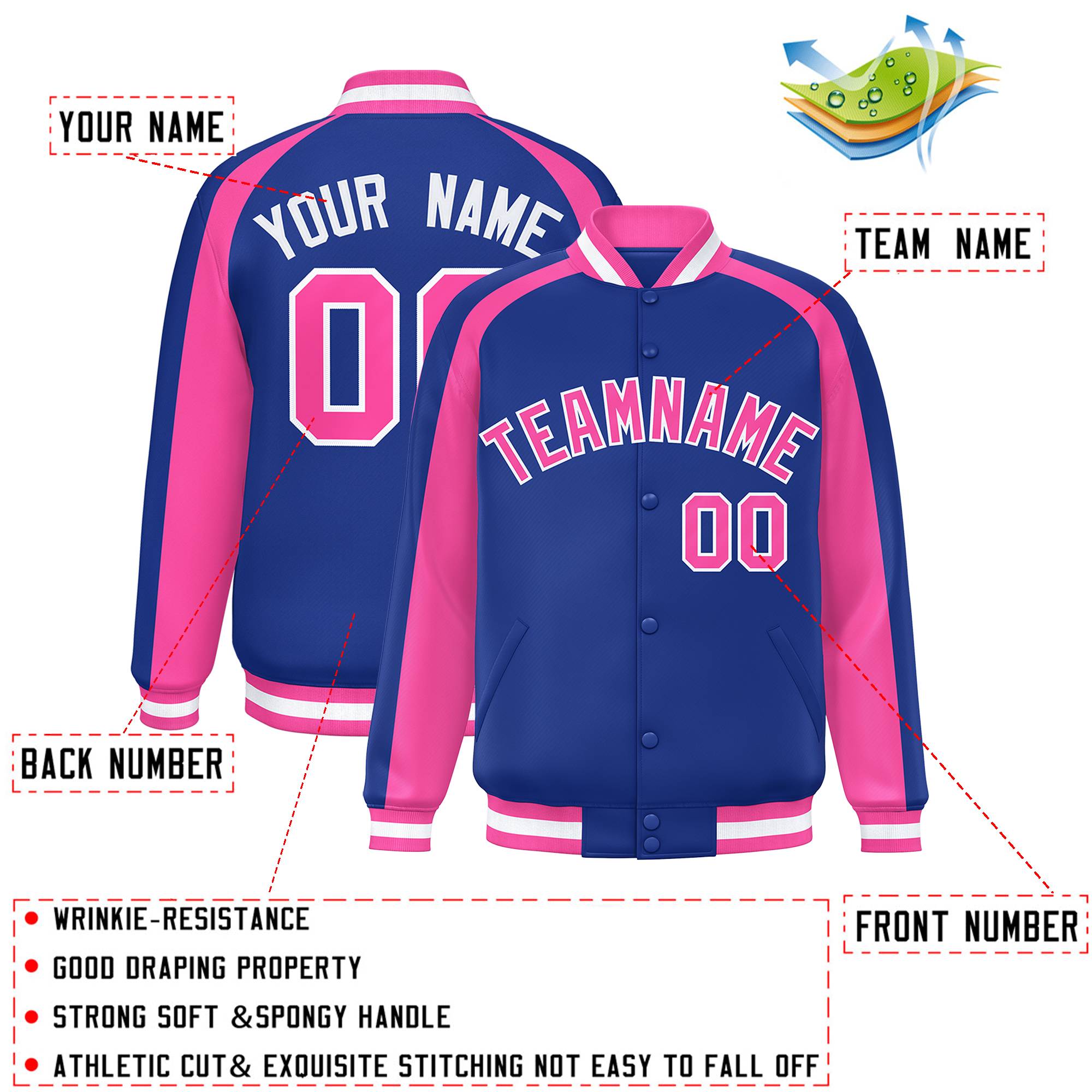 Custom Royal Pink Varsity Full-Snap Color Block Personalized Raglan Sleeves Letterman Jacket