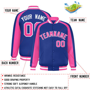 Custom Royal Pink Varsity Full-Snap Color Block Personalized Raglan Sleeves Letterman Jacket