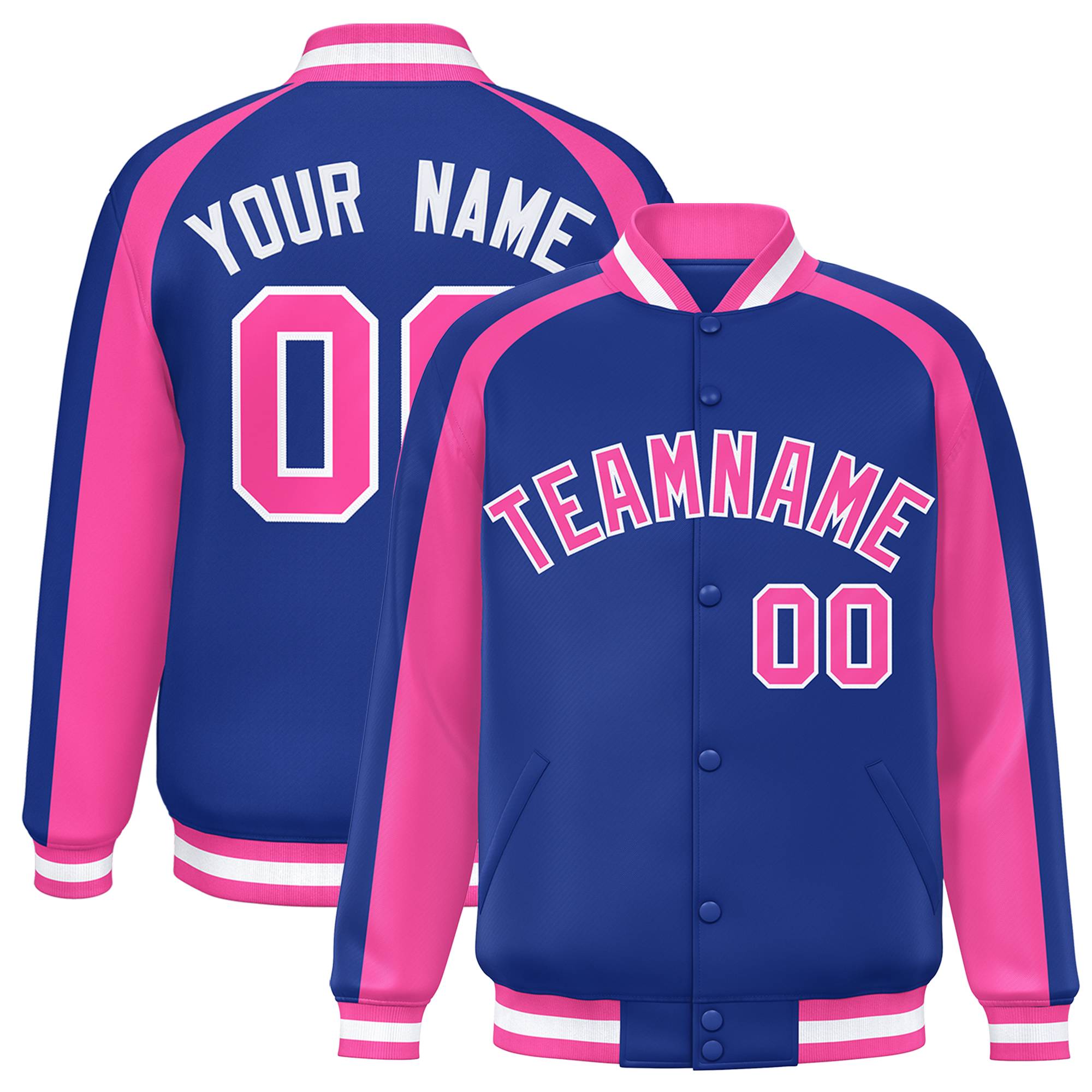 Custom Royal Pink Varsity Full-Snap Color Block Personalized Raglan Sleeves Letterman Jacket