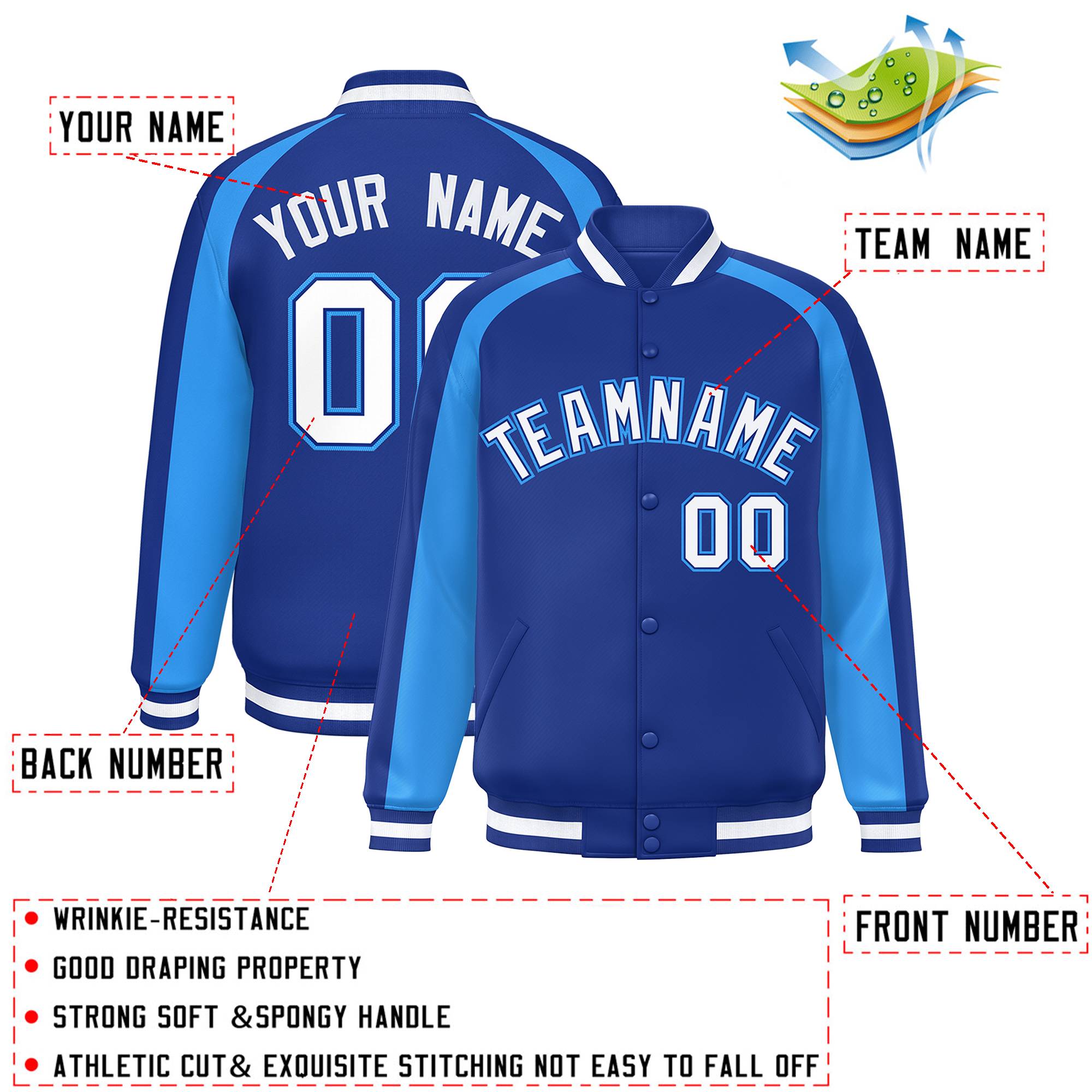 Custom Royal Powder Blue Varsity Full-Snap Color Block Personalized Raglan Sleeves Letterman Jacket