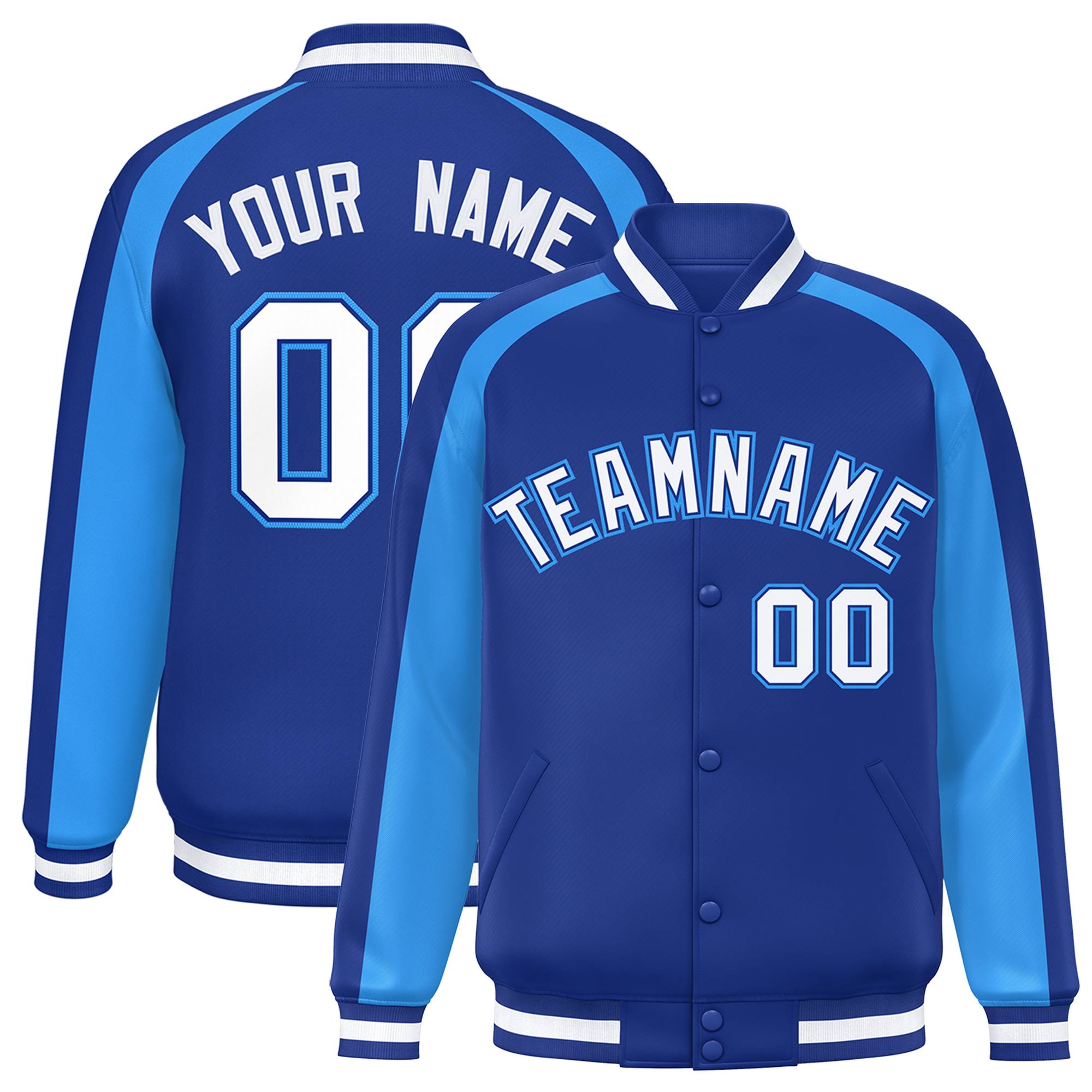 Custom Royal Powder Blue Varsity Full-Snap Color Block Personalized Raglan Sleeves Letterman Jacket