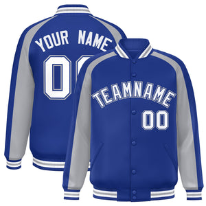 Custom Royal Gray Varsity Full-Snap Color Block Personalized Raglan Sleeves Letterman Jacket