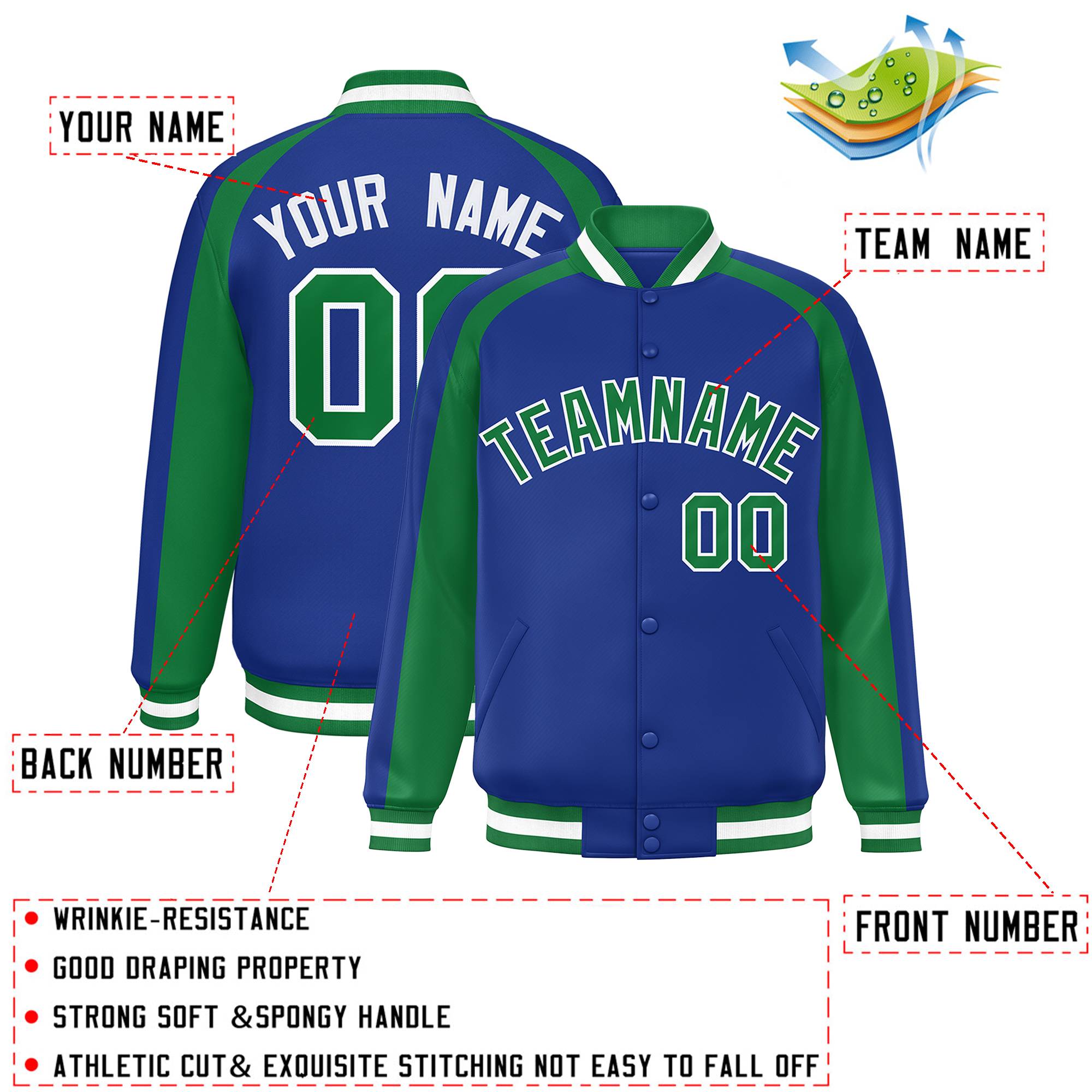 Custom Royal Kelly Green Varsity Full-Snap Color Block Personalized Raglan Sleeves Letterman Jacket