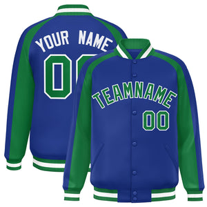 Custom Royal Kelly Green Varsity Full-Snap Color Block Personalized Raglan Sleeves Letterman Jacket