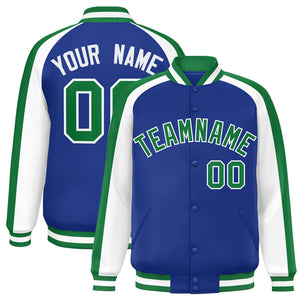 Custom Royal White Varsity Full-Snap Color Block Personalized Raglan Sleeves Letterman Jacket