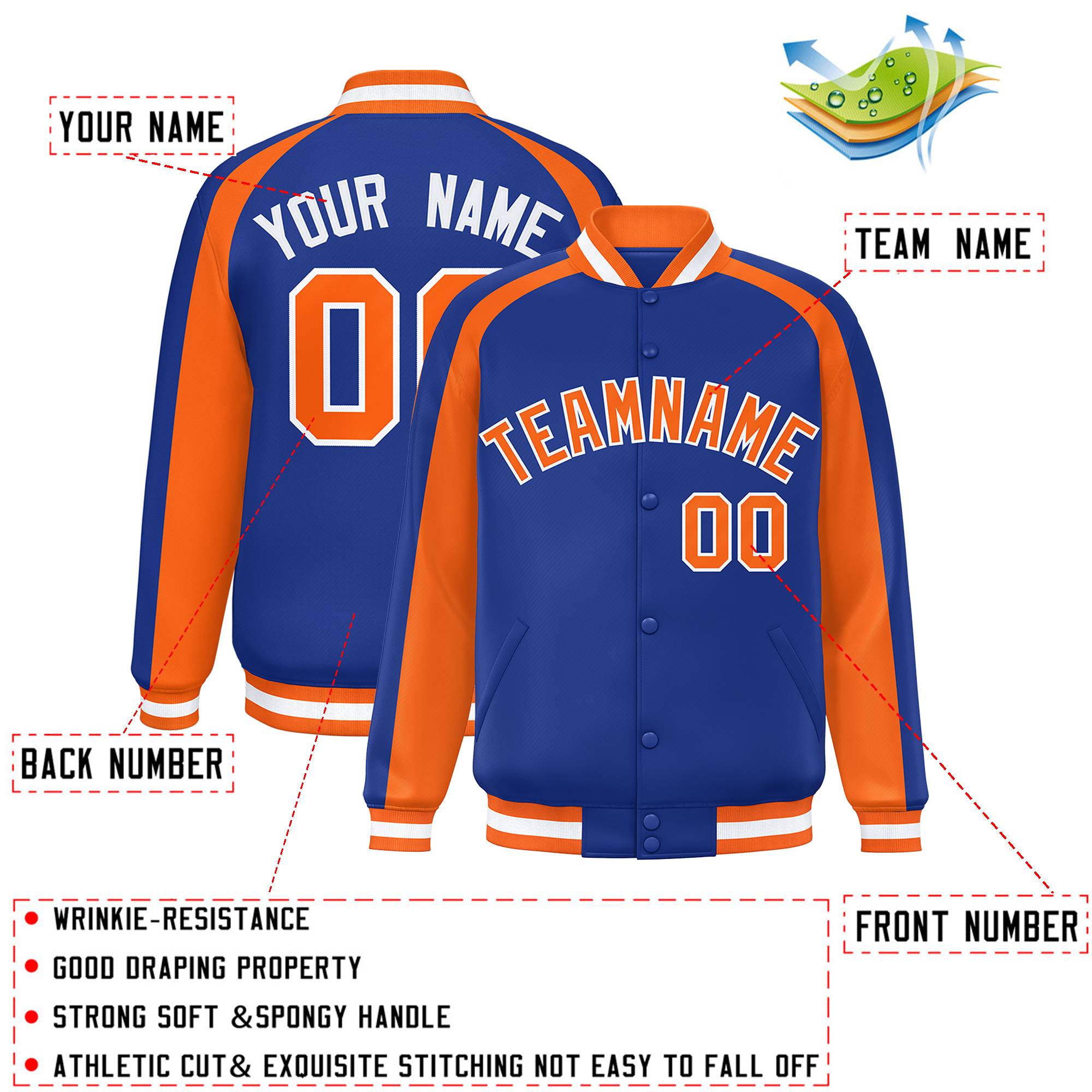 Custom Royal Orange Varsity Full-Snap Color Block Personalized Raglan Sleeves Letterman Jacket