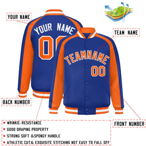 Custom Royal Orange Varsity Full-Snap Color Block Personalized Raglan Sleeves Letterman Jacket