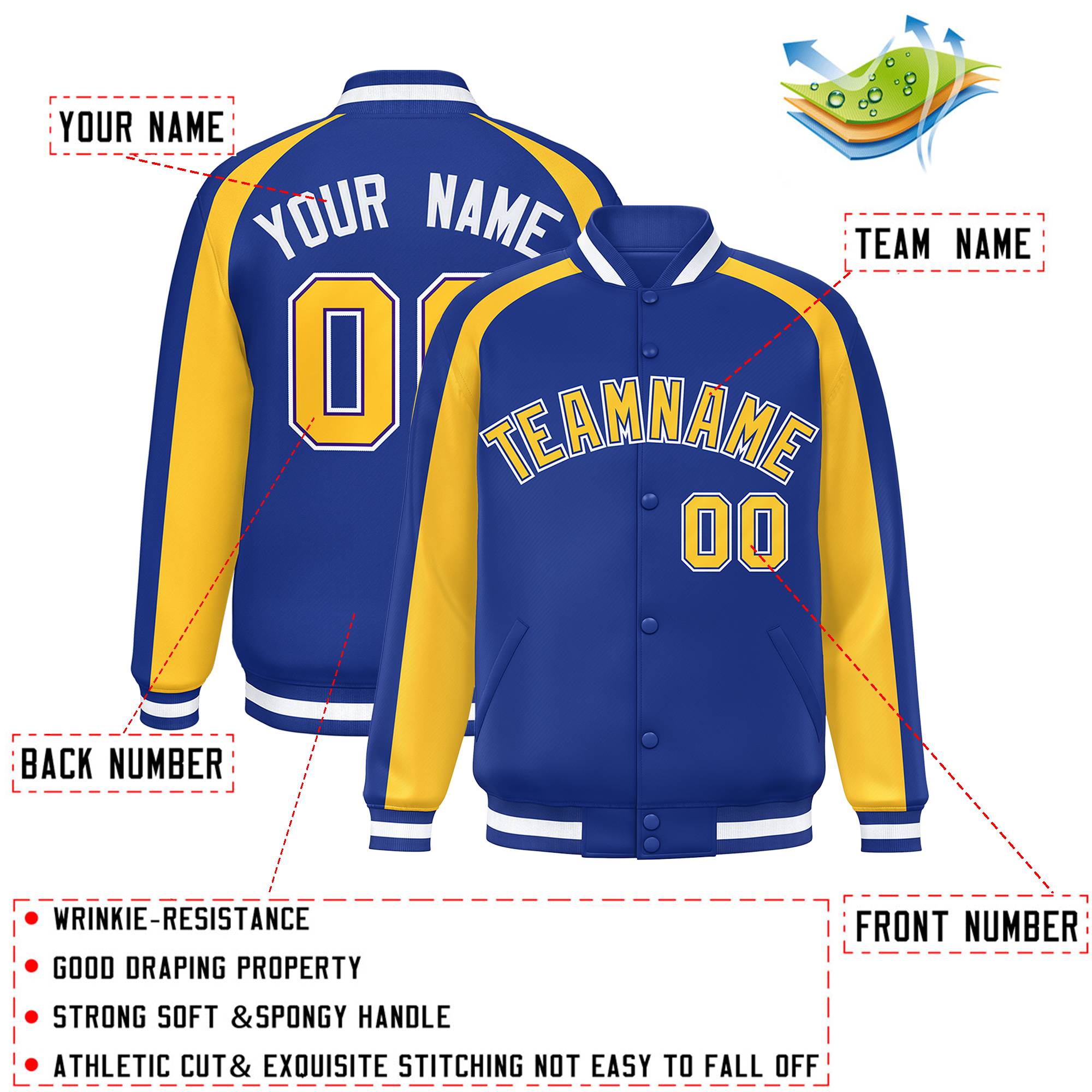 Custom Royal Gold Varsity Full-Snap Color Block Personalized Raglan Sleeves Letterman Jacket