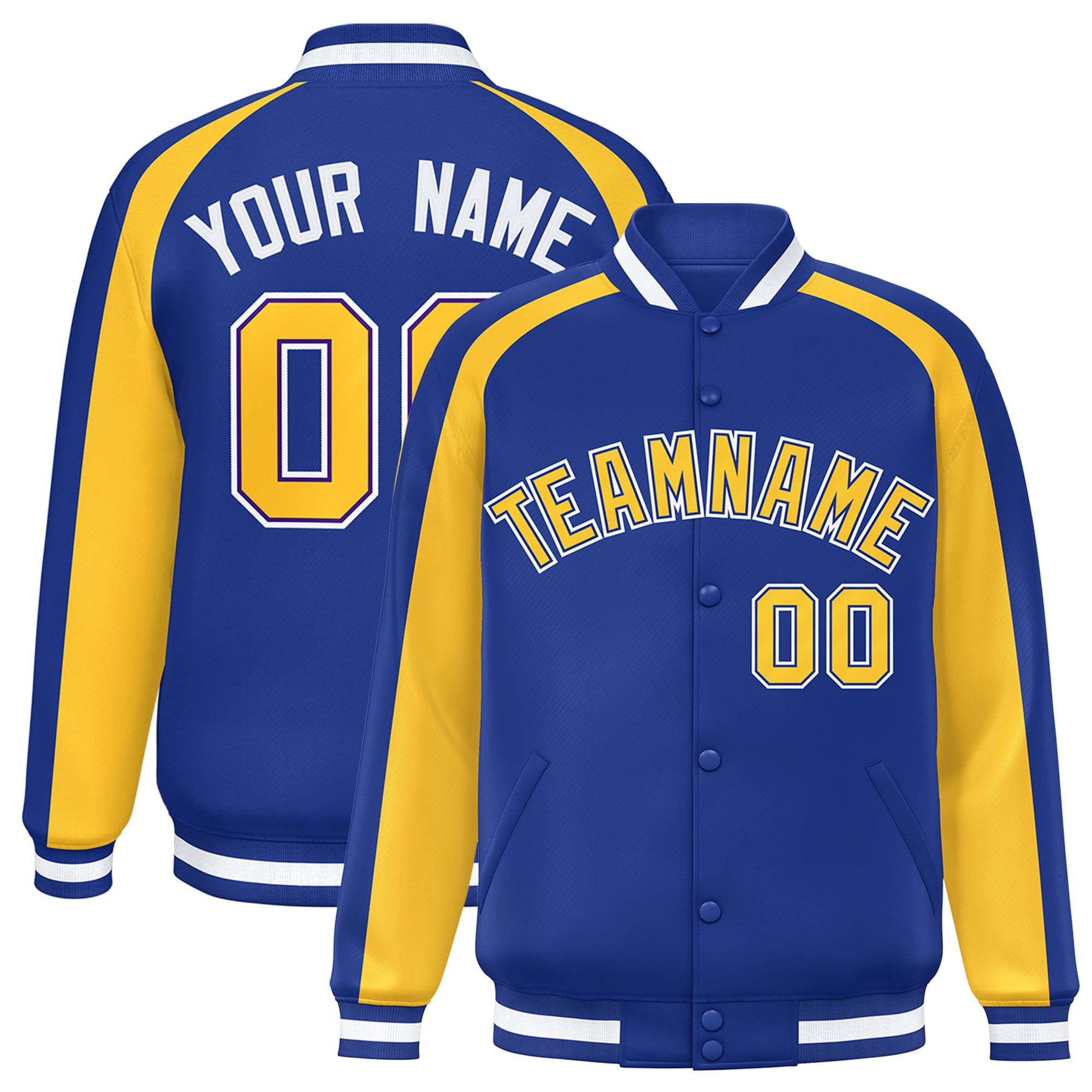 Custom Royal Gold Varsity Full-Snap Color Block Personalized Raglan Sleeves Letterman Jacket