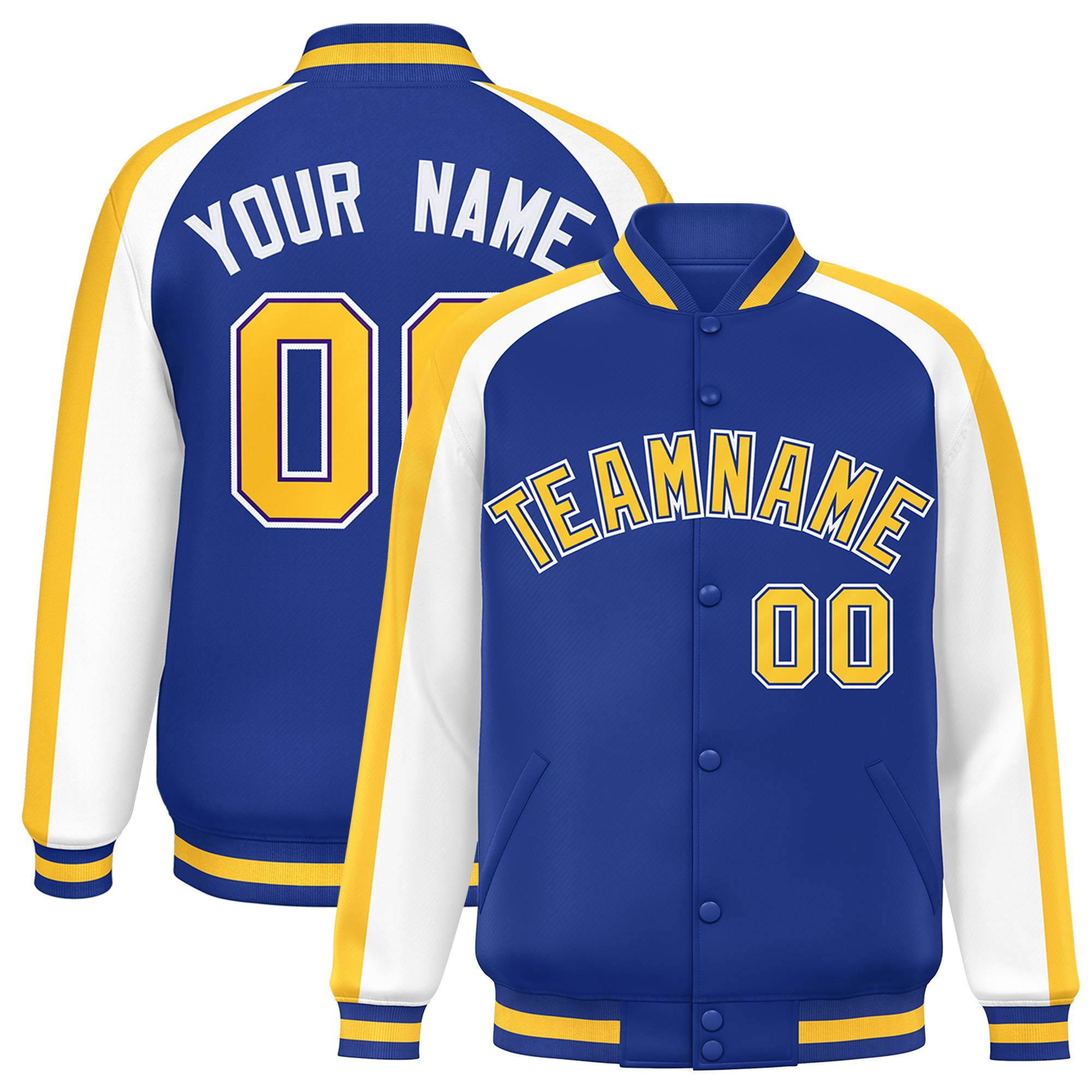 Custom Royal White Varsity Full-Snap Color Block Personalized Raglan Sleeves Letterman Jacket