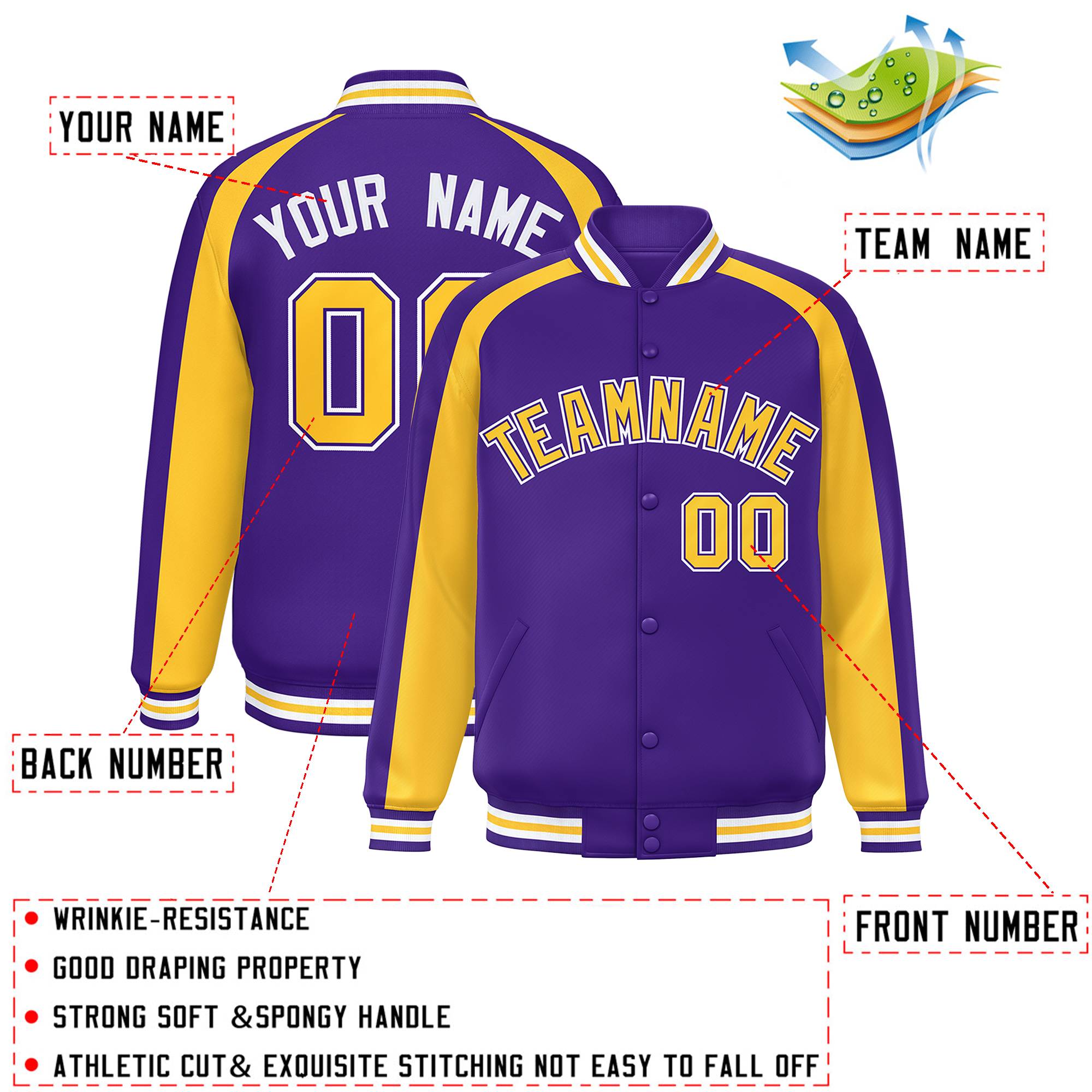 Custom Purple Gold Varsity Full-Snap Color Block Personalized Raglan Sleeves Letterman Jacket