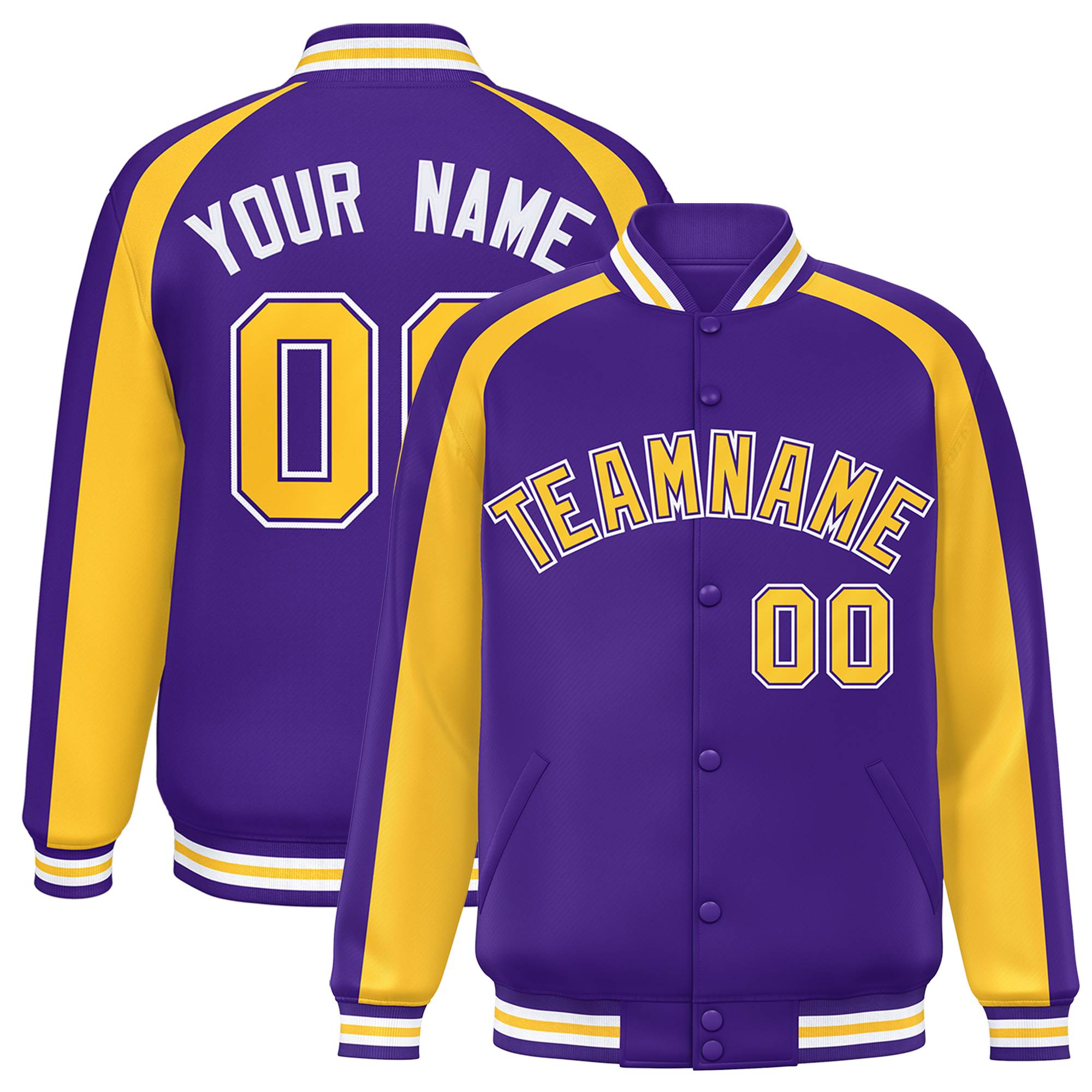 Custom Purple Gold Varsity Full-Snap Color Block Personalized Raglan Sleeves Letterman Jacket