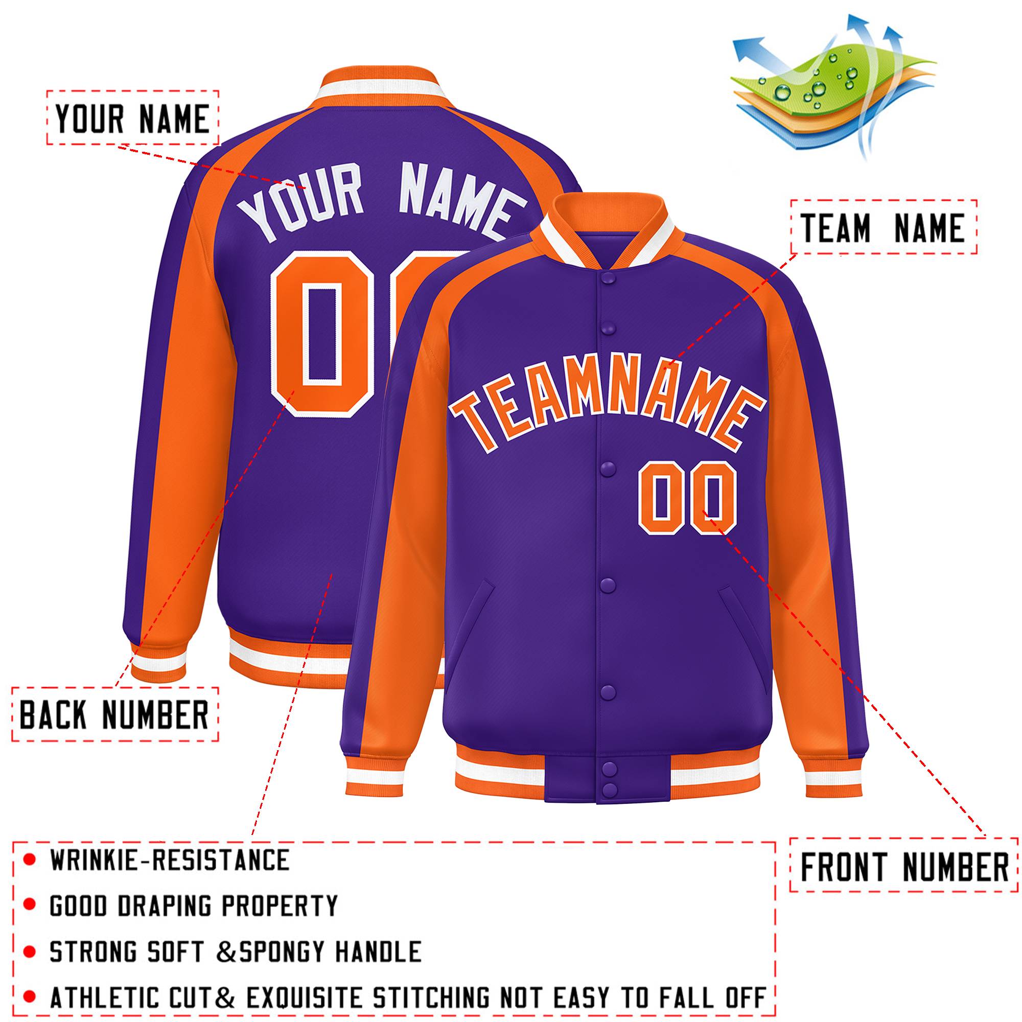 Custom Purple Orange Varsity Full-Snap Color Block Personalized Raglan Sleeves Letterman Jacket