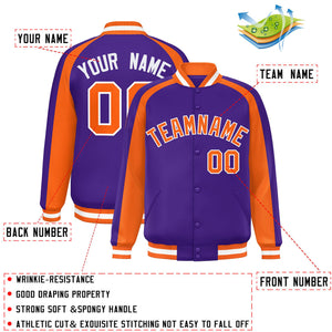 Custom Purple Orange Varsity Full-Snap Color Block Personalized Raglan Sleeves Letterman Jacket