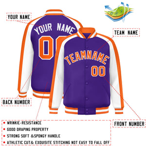 Custom Purple White Varsity Full-Snap Color Block Personalized Raglan Sleeves Letterman Jacket