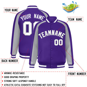 Custom Purple Gray Varsity Full-Snap Color Block Personalized Raglan Sleeves Letterman Jacket