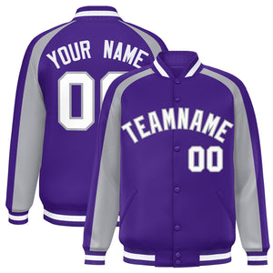 Custom Purple Gray Varsity Full-Snap Color Block Personalized Raglan Sleeves Letterman Jacket