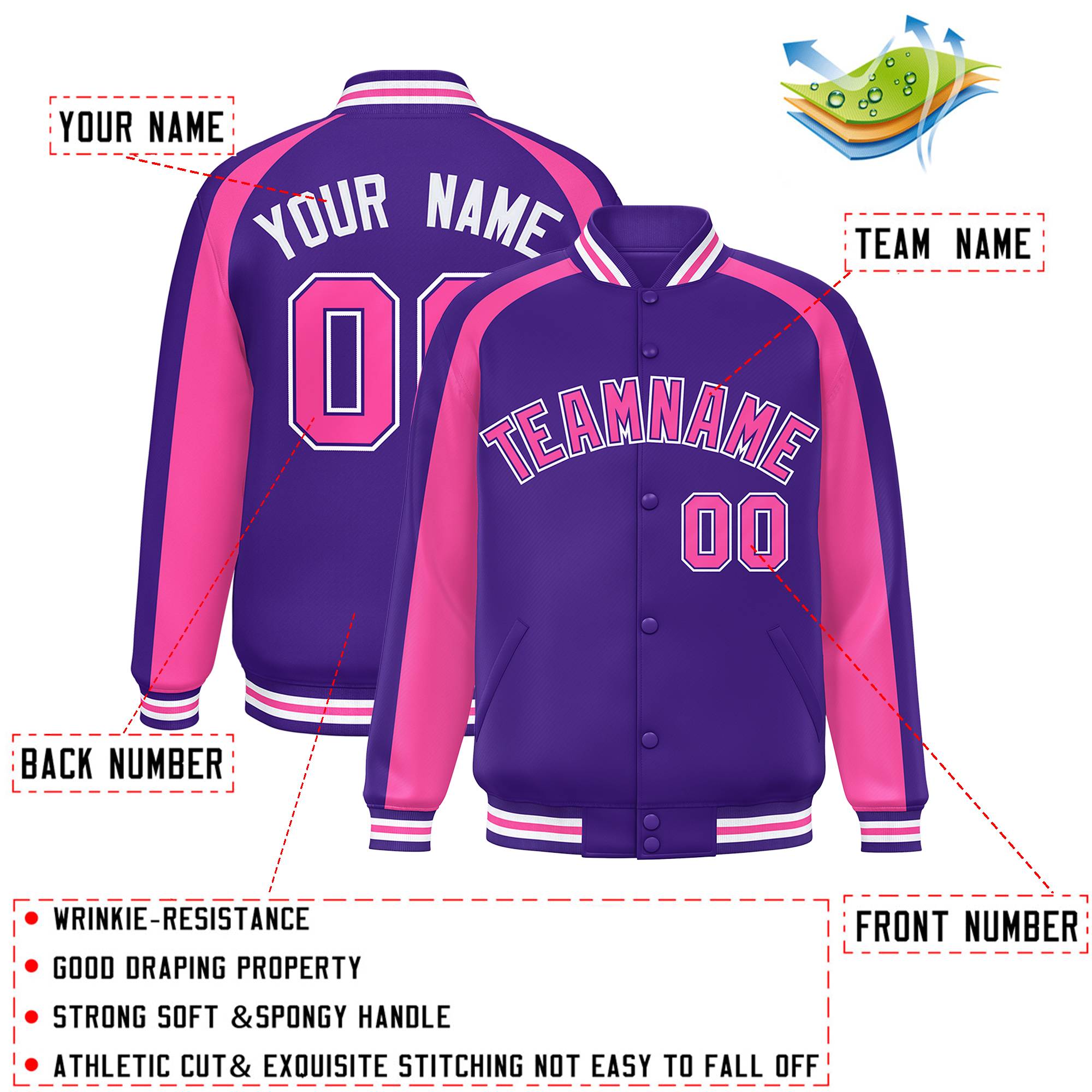 Custom Purple Pink Varsity Full-Snap Color Block Personalized Raglan Sleeves Letterman Jacket