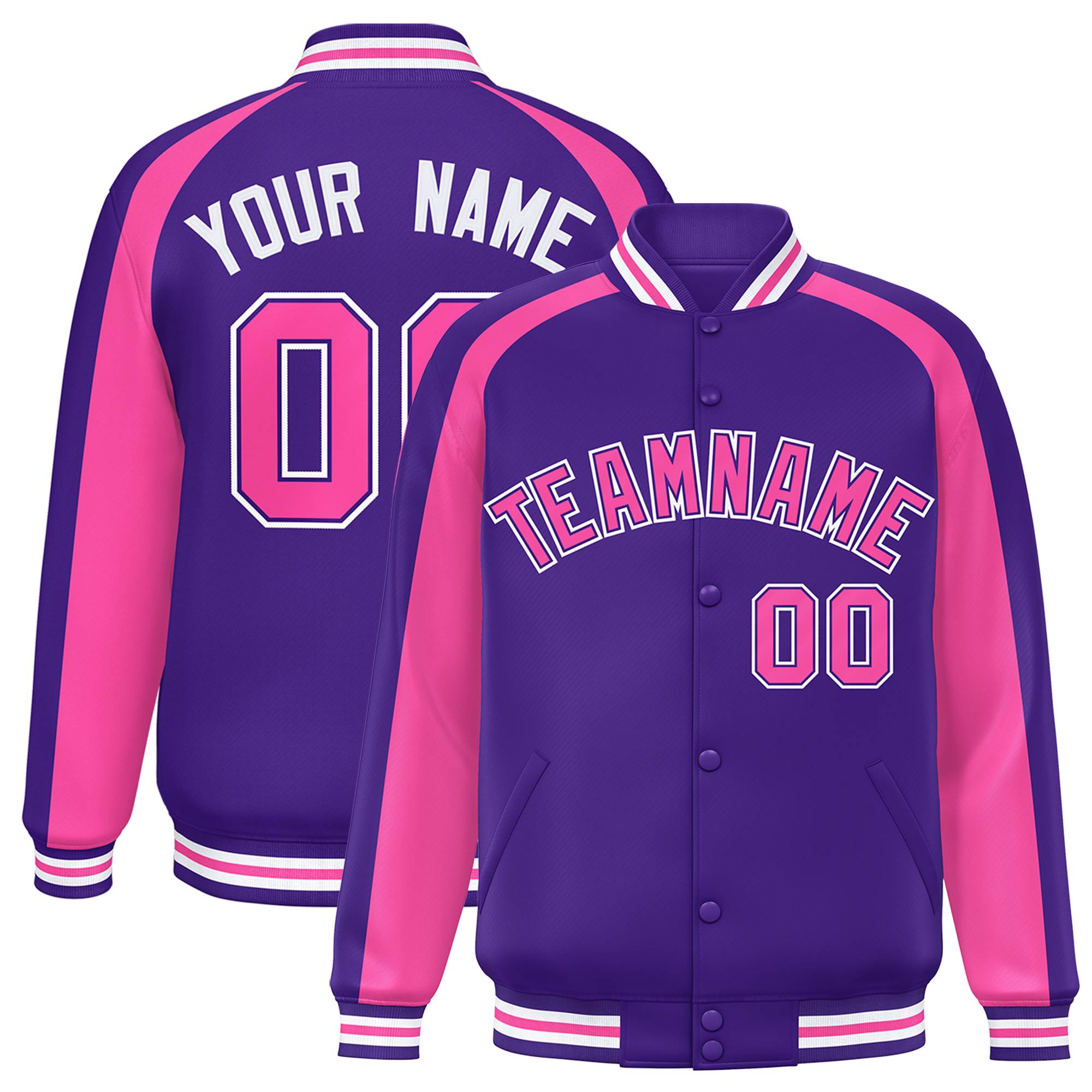 Custom Purple Pink Varsity Full-Snap Color Block Personalized Raglan Sleeves Letterman Jacket