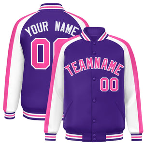 Custom Purple White Varsity Full-Snap Color Block Personalized Raglan Sleeves Letterman Jacket