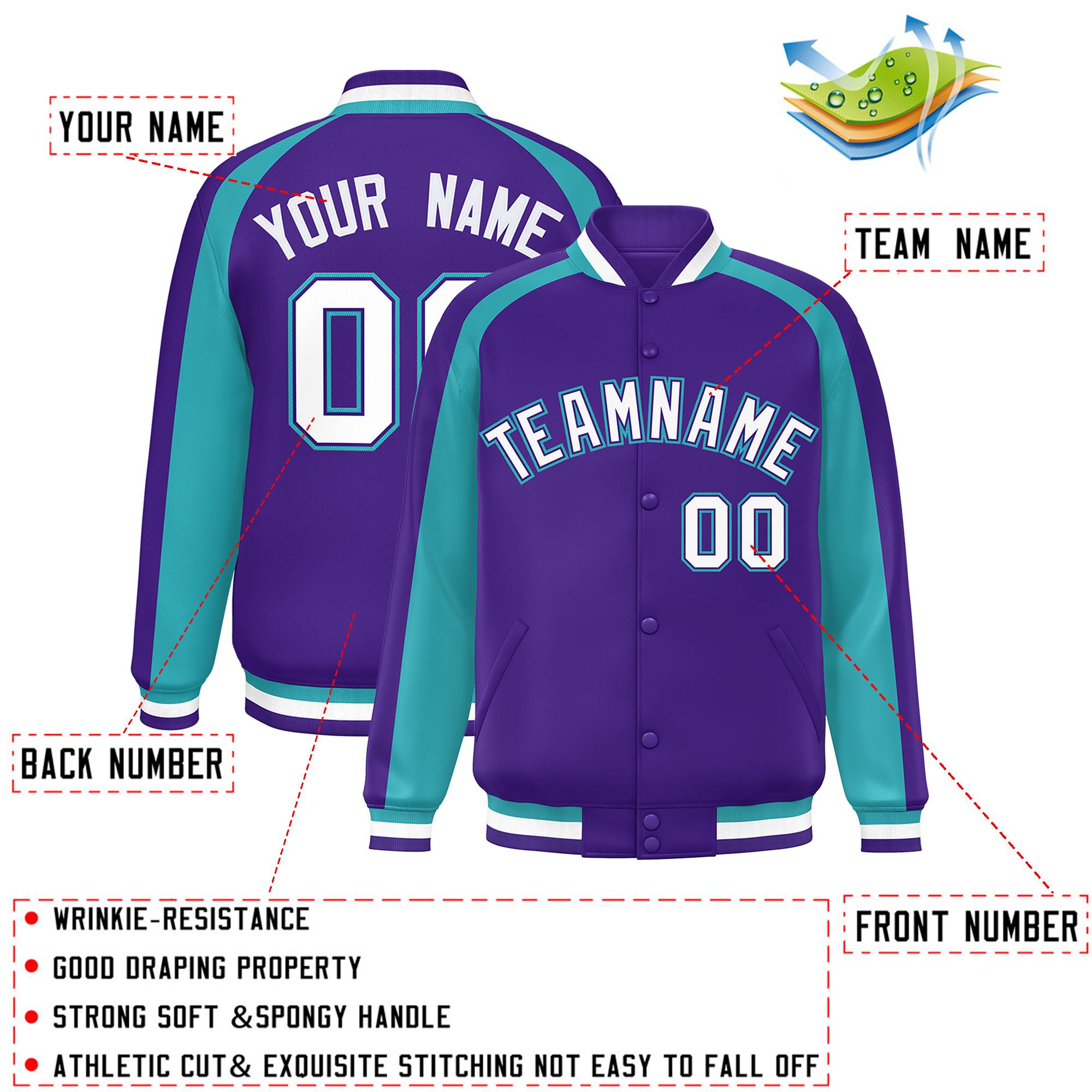 Custom Purple Aqua Varsity Full-Snap Color Block Personalized Raglan Sleeves Letterman Jacket