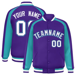 Custom Purple Aqua Varsity Full-Snap Color Block Personalized Raglan Sleeves Letterman Jacket