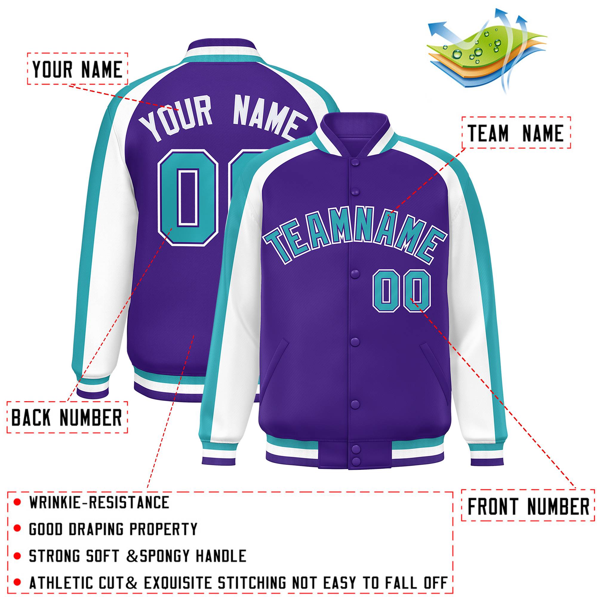 Custom Purple White Varsity Full-Snap Color Block Personalized Raglan Sleeves Letterman Jacket