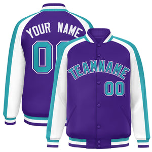 Custom Purple White Varsity Full-Snap Color Block Personalized Raglan Sleeves Letterman Jacket