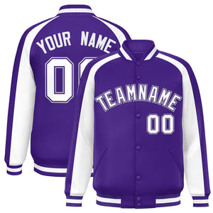 Custom Purple White Varsity Full-Snap Color Block Personalized Raglan Sleeves Letterman Jacket