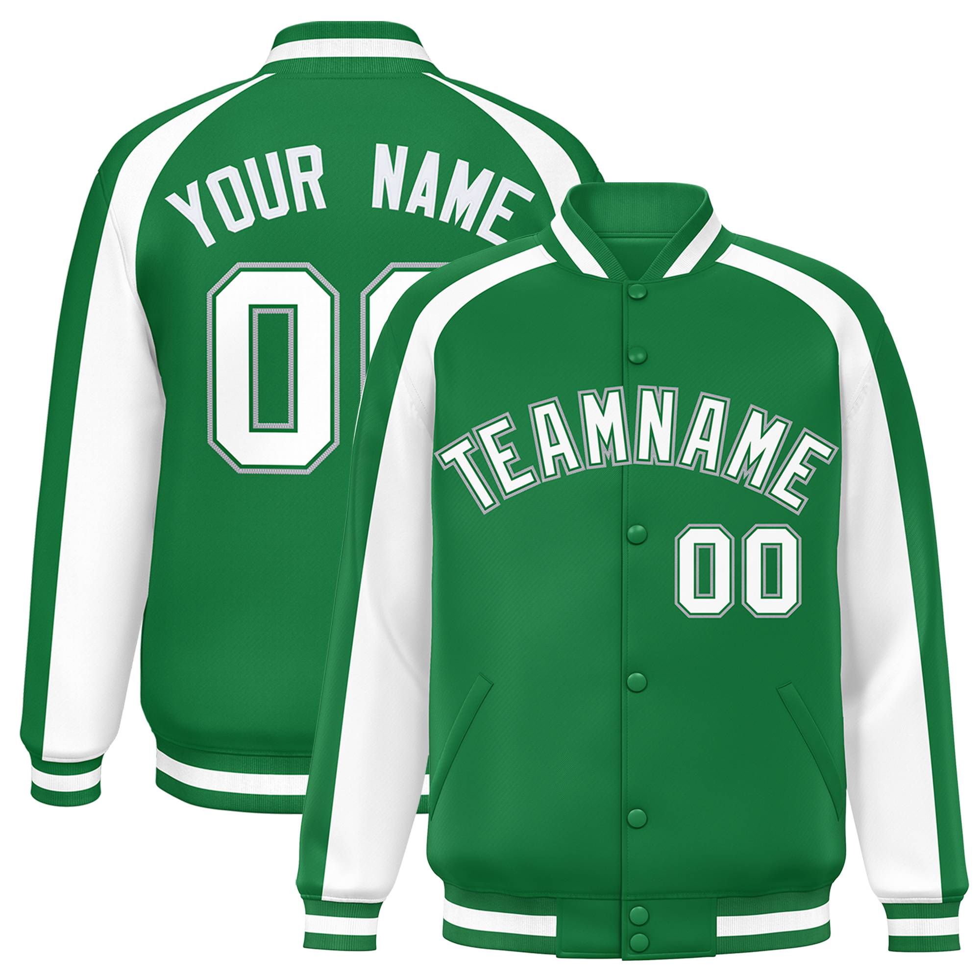 Custom Kelly Green White Varsity Full-Snap Color Block Personalized Raglan Sleeves Letterman Jacket