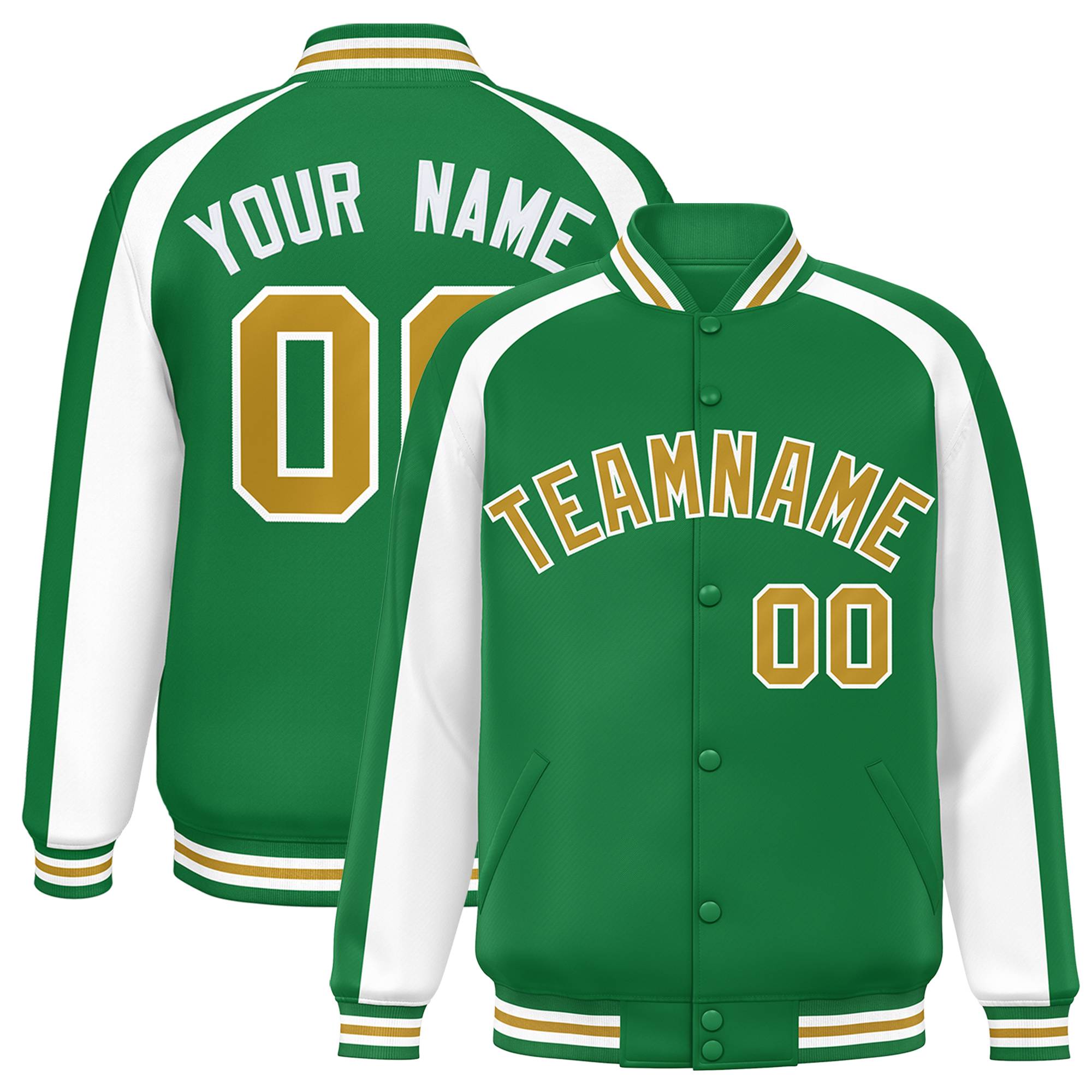 Custom Kelly Green White Varsity Full-Snap Color Block Personalized Raglan Sleeves Letterman Jacket