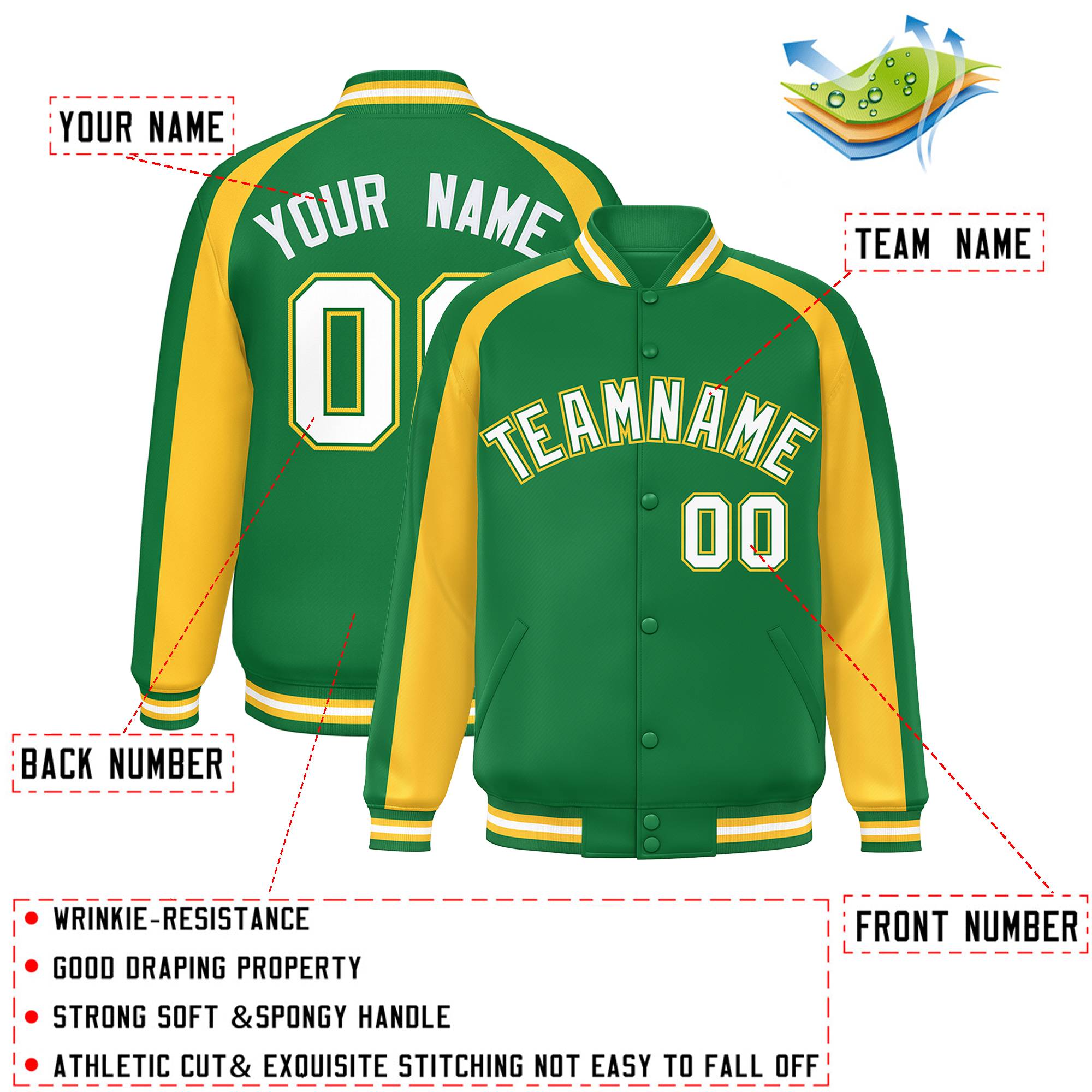 Custom Kelly Green Gold Varsity Full-Snap Color Block Personalized Raglan Sleeves Letterman Jacket