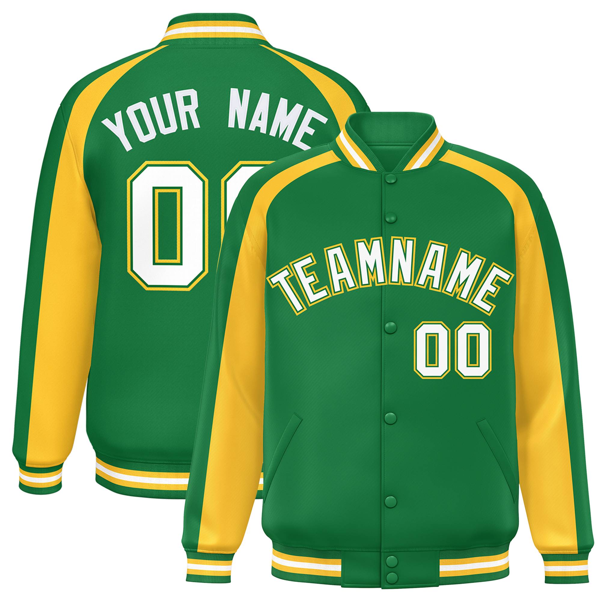 Custom Kelly Green Gold Varsity Full-Snap Color Block Personalized Raglan Sleeves Letterman Jacket